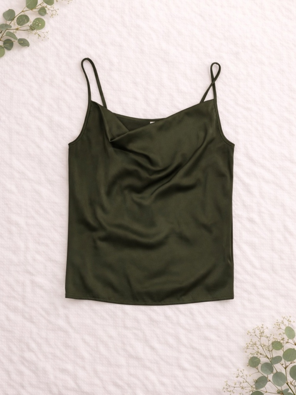 Zenana Satin Olive Cowl Neck Cami Adjustable Strap Tank Large
